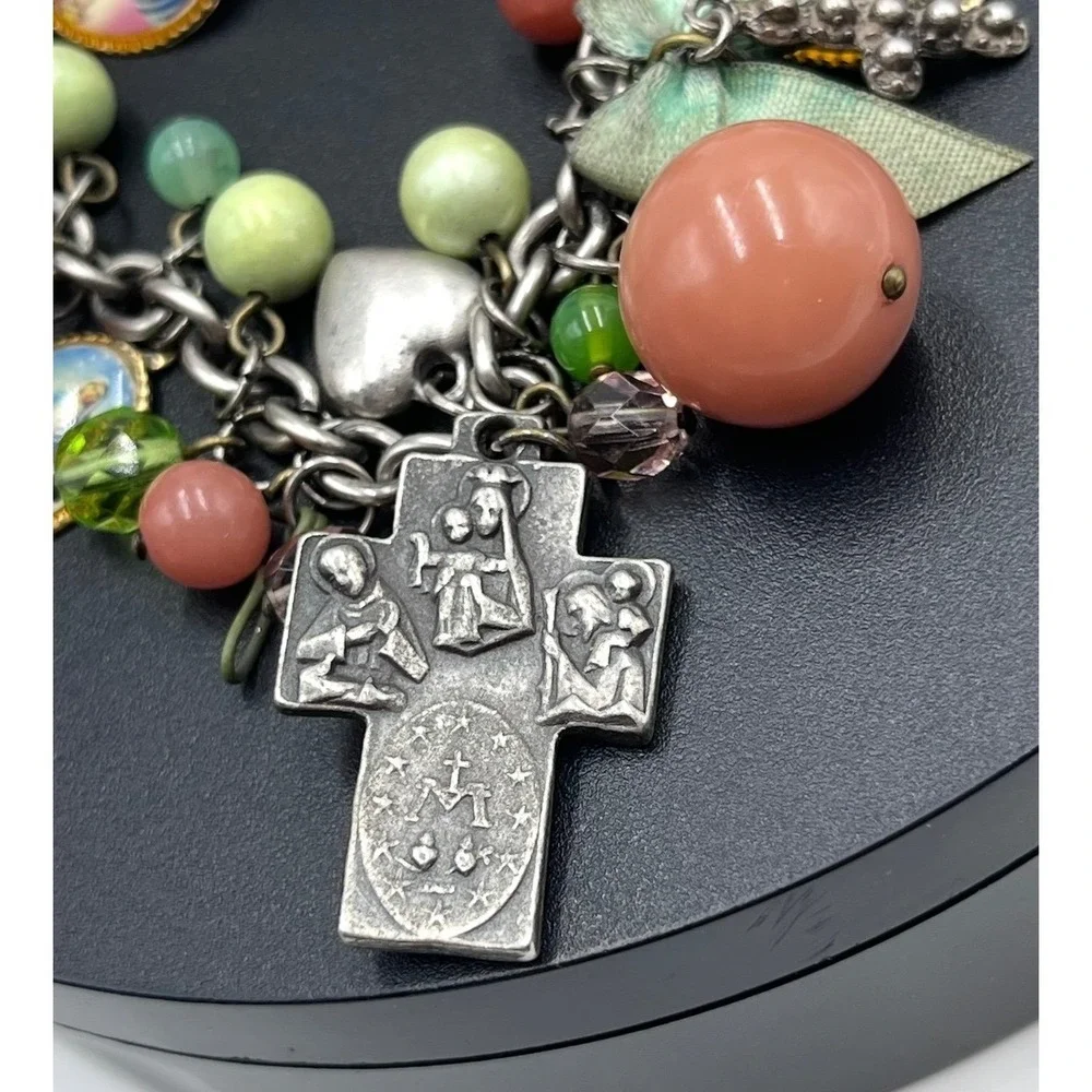 Rasa Signed Peach Green Beaded Pink Rose Religious Themed Charm Dangle‎ Bracelet